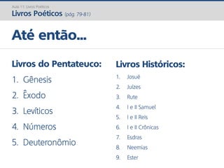 Até então...
Aula 11: Livros Poéticos
Livros Poéticos (pág. 79-81)
Livros do Pentateuco:
1. Gênesis
2. Êxodo
3. Levíticos
4. Números
5. Deuteronômio
Livros Históricos:
1. Josué
2. Juízes
3. Rute
4. I e II Samuel
5. I e II Reis
6. I e II Crônicas
7. Esdras
8. Neemias
9. Ester
 