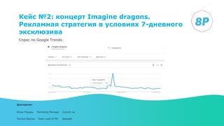 Спрос по Google Trends:
Кейс №2: концерт Imagine dragons.
Рекламная стратегия в условиях 7-дневного
эксклюзива
Докладчик:
Юлия Морарь | Marketing Manager | Concert.ua
Оксана Верлан| Team Lead of PM | Netpeak
 