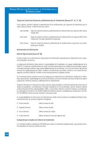 Tarjeta de Control de Asistencia y Administración de Tratamiento (Anexos N° 16, 17, 18)
Estos registros, permiten controlar la administracion de los medicamentos, por esquemas de tratamiento, para el
mejor control y manejo, se diferenciaran por colores:
Color Amarillo : Tajeta de control de aistencia y administración de medicamentos con esquema UNO, Nunca
Tratado (NT).
Color Verde : Tajeta de control de aistencia y administración de medicamentos con esquema DOS, Antes
Tratado (AT): Recaida y Abandono Recuperado.
Color Celeste : Tajeta de control de aistencia y administración de medicamentos en pacientes con retrata-
miento para TB MDR.
Instrumentos de Información
Informe Operacional (anexo Nº 28)
Permite recoger en un sólo formato la mayor parte de la información requerida para la elaboración de los respec-
tivos indicadores de proceso.
La elaboración del Informe Operacional es responsabilidad del Coordinador y el equipo multidisciplinario de la
ESN-PCT en todos los establecimientos de salud. Esta información deberá ser remitida al nivel inmediato superior
terminado el periodo a informar, bajo responsabilidad del jefe de la institución. En el caso del Informe Operacional
mensual, los establecimientos de Salud remitirán a las Microrredes y/o Redes, durante la 1ra semana del mes
siguiente y la DISA ó DIRESA, remitirán al nivel nacional durante la segunda semana.
Se recomienda realizar reuniones técnicas de trabajo para la elaboración de la información, análisis de los indica-
dores operacionales, epidemiológicos y la toma de decisiones y acciones teniendo como base los libros de registro
y tarjetas de control de asistencia y administración de medicamentos.
El flujo de información es del puesto de salud, centro de salud y hospitales a la Red de Salud hasta la Dirección de
Salud correspondiente. Las Instituciones (EsSalud, Sanidad de las Fuerzas Armadas, Ejército, Aviación y Marina
y Policía Nacional del Perú, Municipalidades, INPE, y otros) deben informar a la Red de Salud de su jurisdicción.
El coordinador de la ESN-PCT de la DISA ó DIRESA remitirá los informes consolidados por instituciones a la ESN-
PCT del MINSA en forma mensual, trimestral, semestral y anual,
Es responsabilidad de las Direcciones de Salud del país remitir al nivel nacional el consolidado del Informe Ope-
racional trimestral, de acuerdo al siguiente cronograma:
Primer trimestre: Última semana de abril.
Segundo trimestre: Última semana de julio.
Tercer trimestre: Última semana de octubre.
Cuarto trimestre: Última semana de enero del siguiente año.
Evaluación por estudios de Cohorte de tratamiento
Es el método científico aceptado por OPS/OMS para evaluar el tratamiento antituberculosis y que permite encon-
trar indicadores de eficacia y eficiencia técnica.
118
NORMA TÉCNICA DE SALUD PARA EL CONTROL DE LA
TUBERCULOSIS
 
