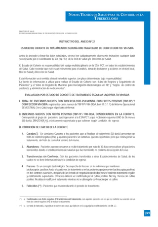 INSTRUCTIVO DEL ANEXO Nº 32
ESTUDIO DE C0HORTE DE TRATAMIENTO ESQUEMA UNO PARA CASOS DE COINFECCION TB / VIH-SIDA
Antes de proceder a llenar los datos solicitados, sírvase leer cuidadosamente el presente instructivo; cualquier duda
será resuelta por el Coordinador de la ESN-PCT de la Red de Salud y/o Dirección de Salud.
El Estudio de Cohorte es responsabilidad del equipo multidisciplinario de la ESN-PCT, en todos los establecimientos
de Salud. Cabe recordar que este es un instrumento para el análisis, toma de decisiones y acciones en el nivel local,
Red de Salud y Dirección de Salud.
Esta información será remitida al nivel inmediato superior, con plazo determinado, bajo responsabilidad.
La fuente de información a utilizar para realizar el Estudio de Cohorte son: “Libro de Registro y Seguimiento de
Pacientes” y el “Libro de Registro de Muestras para Investigación Bacteriológica en TB” y “Tarjeta de control de
asistencia y administración de medicamentos”.
EVALUACION POR ESTUDIO DE COHORTE DE TRATAMIENTO ESQUEMA UNO PARA TB-VIH/SIDA
I. TOTAL DE ENFERMOS NUEVOS CON TUBERCULOSIS PULMONAR, CON FROTIS POSITIVO (TBP-FP) Y
COINFECCION VIH-SIDA: registrar los casos nuevos deTBPFP/ VIH-SIDA, Item I 1 (1.1.1) del Informe Operacional
SEMESTRAL (1er ò 2do) según el periodo a informar.
II. ENFERMOS NUEVOS CON FROTIS POSITIVO (TBP-FP / VIH-SIDA, CONSIDERADOS EN LA COHORTE,
Corresponde al grupo de pacientes que ingresaron a la ESN-PCT y que recibieron esquema UNO de 06 meses
(82 dosis), 2RHZE/4(R2
H2
), estrictamente supervisado y que salieron según condición de egreso.
III. CONDICIÓN DE EGRESO DE LA COHORTE
1. Curados(*).- Se considera Curados a los pacientes que al finalizar el tratamiento (82 dosis) presentan un
frotis de control negativo (FN), y aquellos pacientes sin síntomas, que no expectoran, pero que concluyeron su
tratamiento, sin frotis de control al término del mismo.
2. Abandonos.- Pacientes que no concurren a recibir tratamiento por más de 30 días consecutivos y/ó pacientes
transferidos donde el establecimiento de salud al que fue transferido no confirma la recepción del caso.
3. Transferencias sin Confirmar.- Son los pacientes transferidos a otros Establecimientos de Salud, de los
cuales no se tiene información sobre la condición de egreso.
4. Fracaso.- Es un concepto bacteriológico. Se sospecha de fracaso: en los enfermos que mantienen
baciloscopías positivas hasta el cuarto mes de tratamiento o en los pacientes que presenten baciloscopías positivas
en dos controles sucesivos, después de un periodo de negativización de dos meses habiendo tratamiento regular
y estrictamente supervisado. El fracaso deberá ser confirmado por el cultivo positivo. No hay fracaso sin cultivo
positivo. No deberá modificar el tratamiento mientras no se obtenga la confirmación por el cultivo.
5. Fallecidos (**).- Pacientes que mueren durante el período de tratamiento.
MINISTERIO DE SALUD
ESTRATEGIA SANITARIA NACIONAL DE PREVENCIÓN Y CONTROL DE LA TUBERCULOSIS
(*) a. Confirmados con frotis negativo (FN) al término del tratamiento, son aquellos pacientes en los que se confirmó su curación con un
frotis de control negativo (FN) al finalizar el tratamiento.
(**) b. Del total de fallecidos, especificar el número de casos que fallecen en la segunda face del tratamiento con BK (+).
249
NORMA TÉCNICA DE SALUD PARA EL CONTROL DE LA
TUBERCULOSIS
 