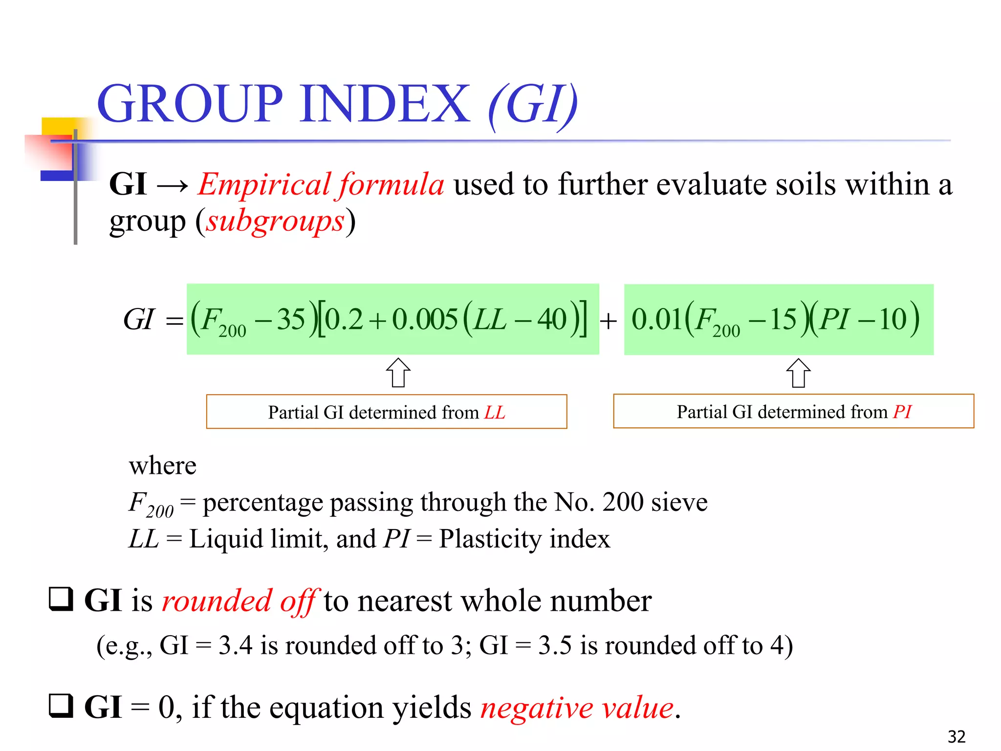 32
       101501.040005.02.035 200200  PIFLLFGI
Partial GI determined from LL Partial GI determined from PI
where
F200 = percentage passing through the No. 200 sieve
LL = Liquid limit, and PI = Plasticity index
 GI is rounded off to nearest whole number
(e.g., GI = 3.4 is rounded off to 3; GI = 3.5 is rounded off to 4)
 GI = 0, if the equation yields negative value.
GI → Empirical formula used to further evaluate soils within a
group (subgroups)
GROUP INDEX (GI)
 