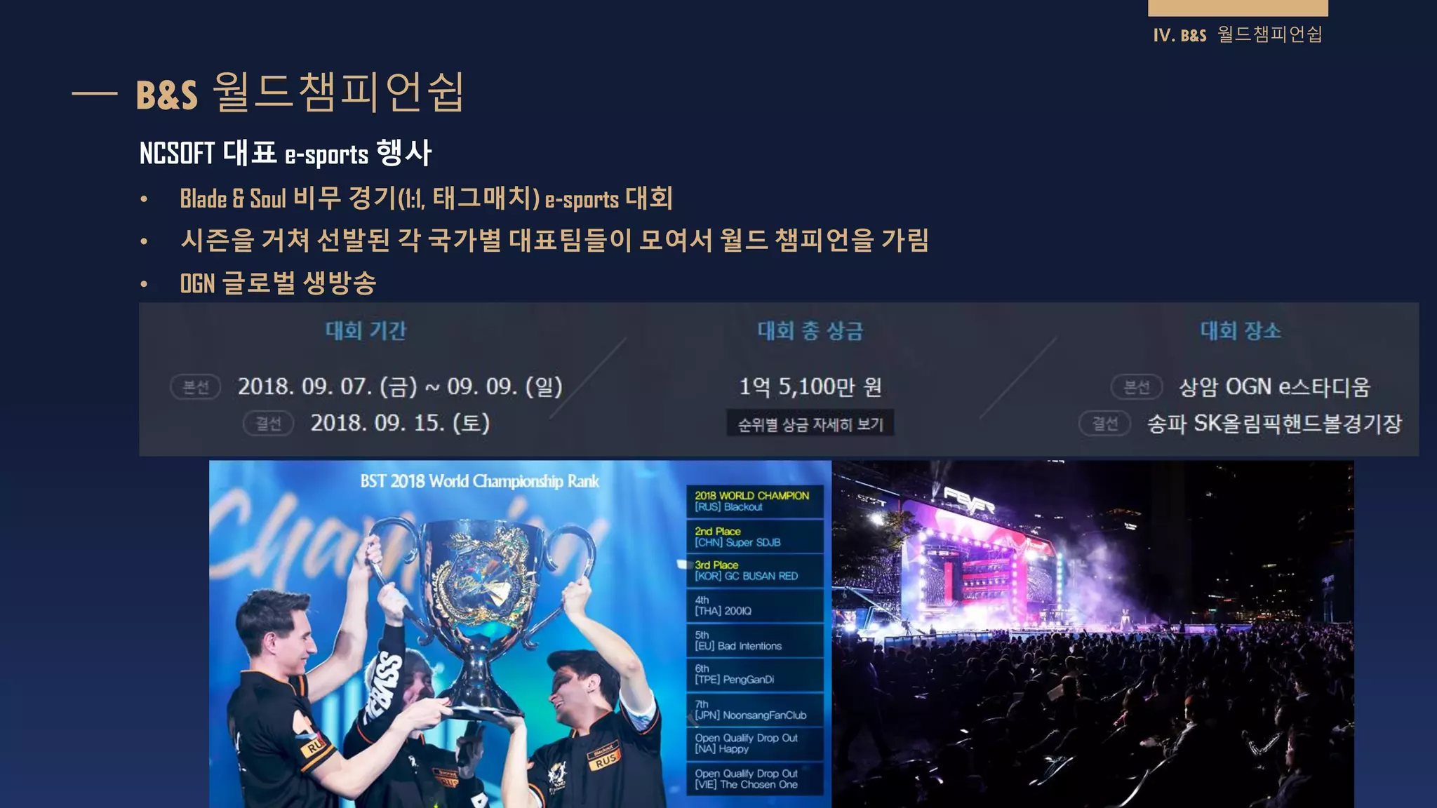 B&S 월드챔피언쉽
IV. B&S 월드챔피언쉽
NCSOFT 대표 e-sports 행사
• Blade & Soul 비무 경기(1:1, 태그매치) e-sports 대회
• 시즌을 거쳐 선발된 각 국가별 대표팀들이 모여서 월드 챔피언을 가림
• OGN 글로벌 생방송
 