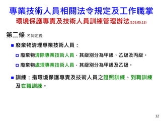 專業技術人員相關法令規定及工作職掌
環境保護專責及技術人員訓練管理辦法(105.05.13)
32
第二條-名詞定義
 廢棄物清理專業技術人員：
 廢棄物清除專業技術人員，其級別分為甲級、乙級及丙級。
 廢棄物處理專業技術人員，其級別分為甲級及乙級。
 訓練：指環境保護專責及技術人員之證照訓練、到職訓練
及在職訓練。
 