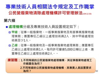 第六條
 處理機構分級及專業技術人員設置規定如下：
 甲級：從事一般廢棄物、一般事業廢棄物及有害事業廢棄物處
理業務；應置專任乙級以上處理技術員2人，其中甲級處理技
術員至少1人。
 乙級：從事一般廢棄物及一般事業廢棄物處理業務；應置專任
乙級以上處理技術員1人。每月許可量達5,000公噸以上者，應
置專任乙級以上處理技術員2人。。
50
練習題：1.不同等級的公民營廢棄物處理機構，其從事廢棄物處理工
作範圍各為何？
2.不同等級的公民營廢棄物處理機構，其專責人員設置要求
為何？
專業技術人員相關法令規定及工作職掌
公民營廢棄物清除處理機構許可管理辦法(104.12.30)
 
