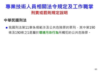 專業技術人員相關法令規定及工作職掌
刑責或罰則規定說明
中華民國刑法
 我國刑法第11章係規範涉及公共危險罪的罪刑，其中第190
條及190條之1是屬於環境污染行為所觸犯的公共危險罪。
63
 