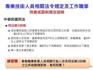 專業技術人員相關法令規定及工作職掌
刑責或罰則規定說明
中華民國刑法
 刑法第190條
 投放毒物或混入防害衛生物品於供公眾所飲之水源、水道或自來水池
，處1年以上7年以下有期徒刑
 因而致人於死者，處無期徒刑或7年以上有期徒刑；致重傷者，處3年
以上10年以下有期徒刑
 因過失犯第一項之罪者，處6月以下有期徒刑、拘役或300元以下罰金
 第一項之未遂犯罰之
64
練習題：事業機構負責人或相關行為人涉及刑法第190條
之公共危險情形時，有何刑責？
 
