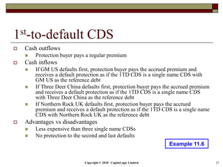 Copyright © 2018 CapitaLogic Limited 25
1st-to-default CDS
 Cash outflows
 Protection buyer pays a regular premium
 Cash inflows
 If GM US defaults first, protection buyer pays the accrued premium and
receives a default protection as if the 1TD CDS is a single name CDS with
GM US as the reference debt
 If Three Deer China defaults first, protection buyer pays the accrued premium
and receives a default protection as if the 1TD CDS is a single name CDS
with Three Deer China as the reference debt
 If Northern Rock UK defaults first, protection buyer pays the accrued
premium and receives a default protection as if the 1TD CDS is a single name
CDS with Northern Rock UK as the reference debt
 Advantages vs disadvantages
 Less expensive than three single name CDSs
 No protection to the second and last defaults
Example 11.6
 
