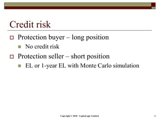 Copyright © 2018 CapitaLogic Limited 31
Credit risk
 Protection buyer – long position
 No credit risk
 Protection seller – short position
 EL or 1-year EL with Monte Carlo simulation
 