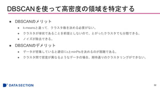 DBSCANʹäƸܶȤIض
 DBSCANΥå
 k-means`äƣ饹QҪʤ
 饹״Ǥ뤳ȤǰȤʤΤǡȤä饹ǤǤ롣
 ΥȥǤ롣
 DBSCANΥǥå
 ǩ`ܼƤmФ˦ŤminPtsQΤyǤ롣
 饹gܶȤʤ褦ʥǩ`ΈϡڴͨΥ饹󥰤Ǥʤ
32
 