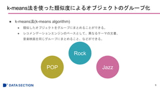 k-meansʹäƶȤˤ륪֥ȤΥ`׻
 k-means(k-means algorithm)
 Ƥ֥Ȥ򥰥`פˤޤȤ뤳ȤǤ롣
 쥳ǩ`󥨥󥸥Υ٩`ȤơʤƩ`ޤĕ
Sӳͬ`פˤޤȤ뤳ȡʤɤǤ롣
5
POP
Rock
Jazz
 