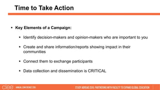 Time to Take Action
 Key Elements of a Campaign:
 Identify decision-makers and opinion-makers who are important to you
 Create and share information/reports showing impact in their
communities
 Connect them to exchange participants
 Data collection and dissemination is CRITICAL
 