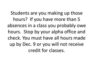 Students are you making up those
  hours? If you have more than 5
absences in a class you probably owe
hours. Stop by your alpha office and
check. You must have all hours made
 up by Dec. 9 or you will not receive
         credit for classes.
 
