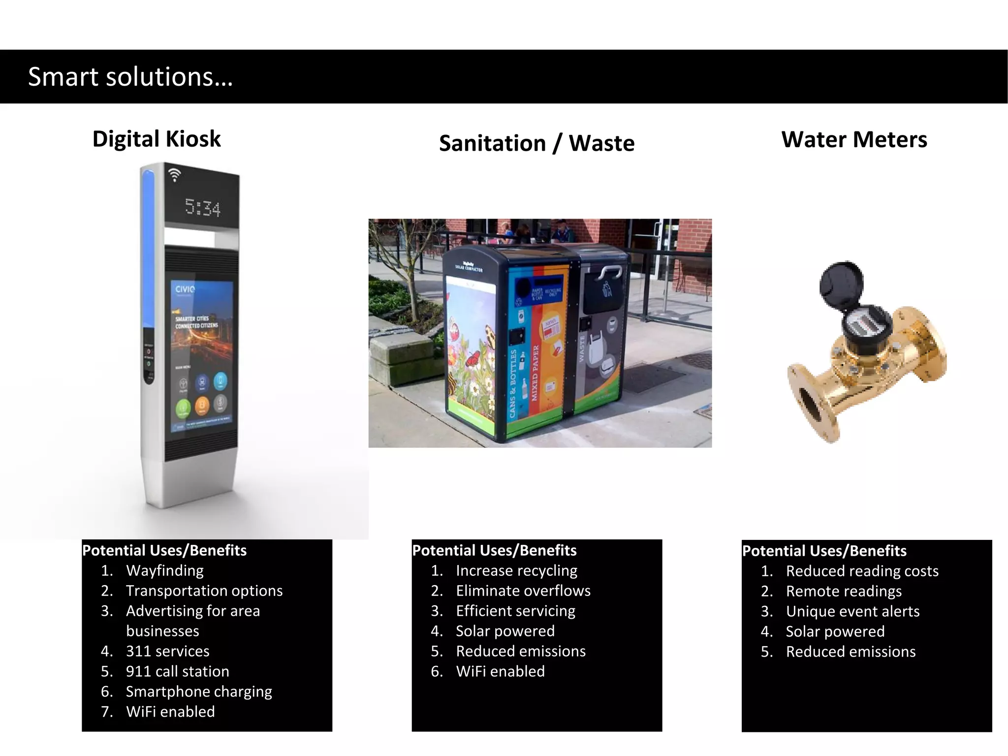 Digital Kiosk
Potential Uses/Benefits
1. Wayfinding
2. Transportation options
3. Advertising for area
businesses
4. 311 services
5. 911 call station
6. Smartphone charging
7. WiFi enabled
Potential Uses/Benefits
1. Increase recycling
2. Eliminate overflows
3. Efficient servicing
4. Solar powered
5. Reduced emissions
6. WiFi enabled
Potential Uses/Benefits
1. Reduced reading costs
2. Remote readings
3. Unique event alerts
4. Solar powered
5. Reduced emissions
Smart solutions…
Sanitation / Waste Water Meters
 