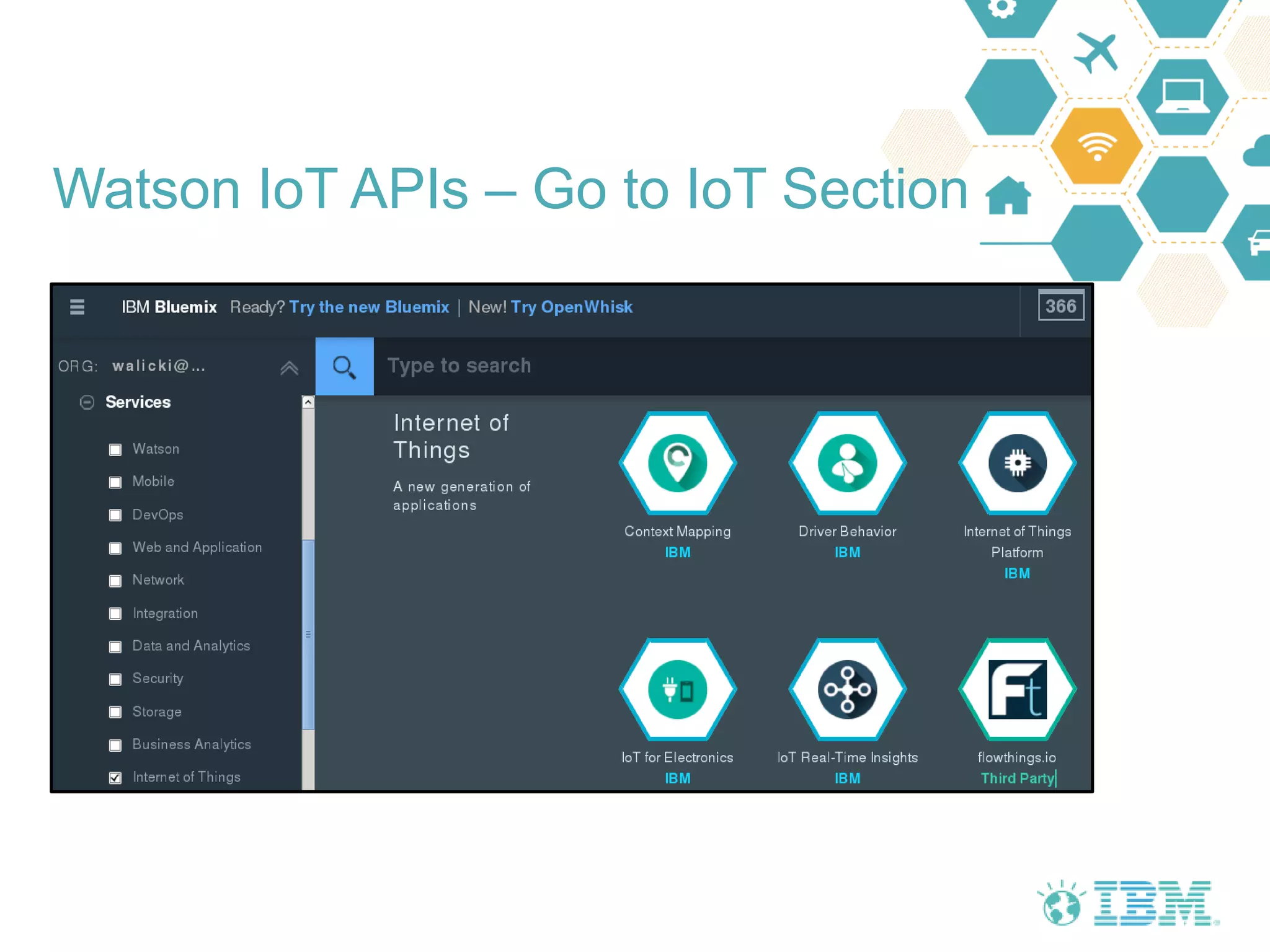 Watson IoT APIs – Go to IoT Section
 