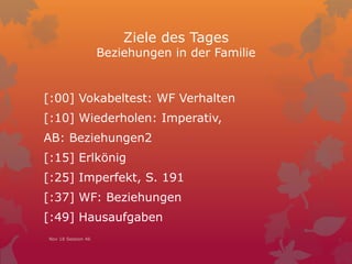 Ziele des Tages
Beziehungen in der Familie
[:00] Vokabeltest: WF Verhalten
[:10] Wiederholen: Imperativ,
AB: Beziehungen2
[:15] Erlkönig
[:25] Imperfekt, S. 191
[:37] WF: Beziehungen
[:49] Hausaufgaben
Nov 18 Session 46
 