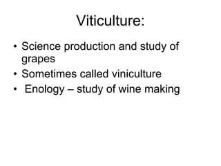 Viticulture: Science production and study of grapes Sometimes called viniculture Enology – study of wine making 