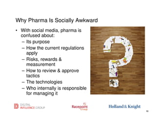 Why Pharma Is Socially Awkward
• With social media, pharma is
  confused about:
  – Its purpose
  – How the current regulations
    apply
  – Risks, rewards &
    measurement
  – How to review & approve
    tactics
  – The technologies
  – Who internally is responsible
    for managing it

                                    13
                                         13
 