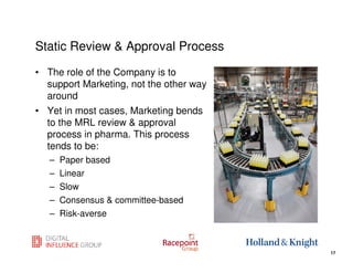 Static Review & Approval Process

• The role of the Company is to
  support Marketing, not the other way
  around
• Yet in most cases, Marketing bends
  to the MRL review & approval
  process in pharma. This process
  tends to be:
   –   Paper based
   –   Linear
   –   Slow
   –   Consensus & committee-based
   –   Risk-averse

                                         17
                                              17
 