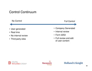 Control Continuum

   No Control                     Full Control


• User generated       • Company Generated
• Real time            • Internal review
• No internal review   • Form 2253
• Third party sites    • Full review and edit
                         of user content




                                            25
                                                 25
 