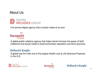 About Us



Full service digital agency that is social media at its core




A global public relations agency that helps clients harness the power of both
traditional and social media to build and protect reputation and drive business



A global law firm with one of the largest Health Law & Life Sciences Practices
in the U.S.



                                                                     4
                                                                                  4
 