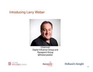 Introducing Larry Weber




                         Chairman
               Digital Influence Group and
                     Racepoint Group
                     @thelarryweber



                                             5
                                                 5
 