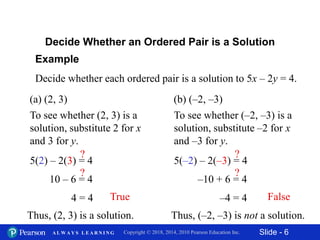 Slide - 6Copyright © 2018, 2014, 2010 Pearson Education Inc.A L W A Y S L E A R N I N G
5(2) – 2(3) = 4
Example
Decide whether each ordered pair is a solution to 5x – 2y = 4.
(a) (2, 3)
Decide Whether an Ordered Pair is a Solution
To see whether (2, 3) is a
solution, substitute 2 for x
and 3 for y.
10 – 6 = 4
?
4 = 4 True
Thus, (2, 3) is a solution.
5(–2) – 2(–3) = 4
(b) (–2, –3)
To see whether (–2, –3) is a
solution, substitute –2 for x
and –3 for y.
–10 + 6 = 4
?
–4 = 4 False
Thus, (–2, –3) is not a solution.
? ?
 
