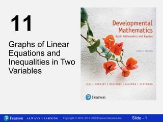 Slide - 1Copyright © 2018, 2014, 2010 Pearson Education Inc.A L W A Y S L E A R N I N G
2
Graphs of Linear
Equations and
Inequalities in Two
Variables
11
 