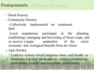  Rural Forestry
 Community Forestry
oCollectively implemented on communal
land.
oLocal populations participate in the planning,
establishing, managing and harvesting of forest crops, and
so receive a major proportion of the socio-
economic and ecological benefits from the forest.
 Agro forestry
Land use system which integrates trees and shrubs on
farmlands and rural landscapes to enhance productivity,
profitability, diversity and ecosystem sustainability.
o
 