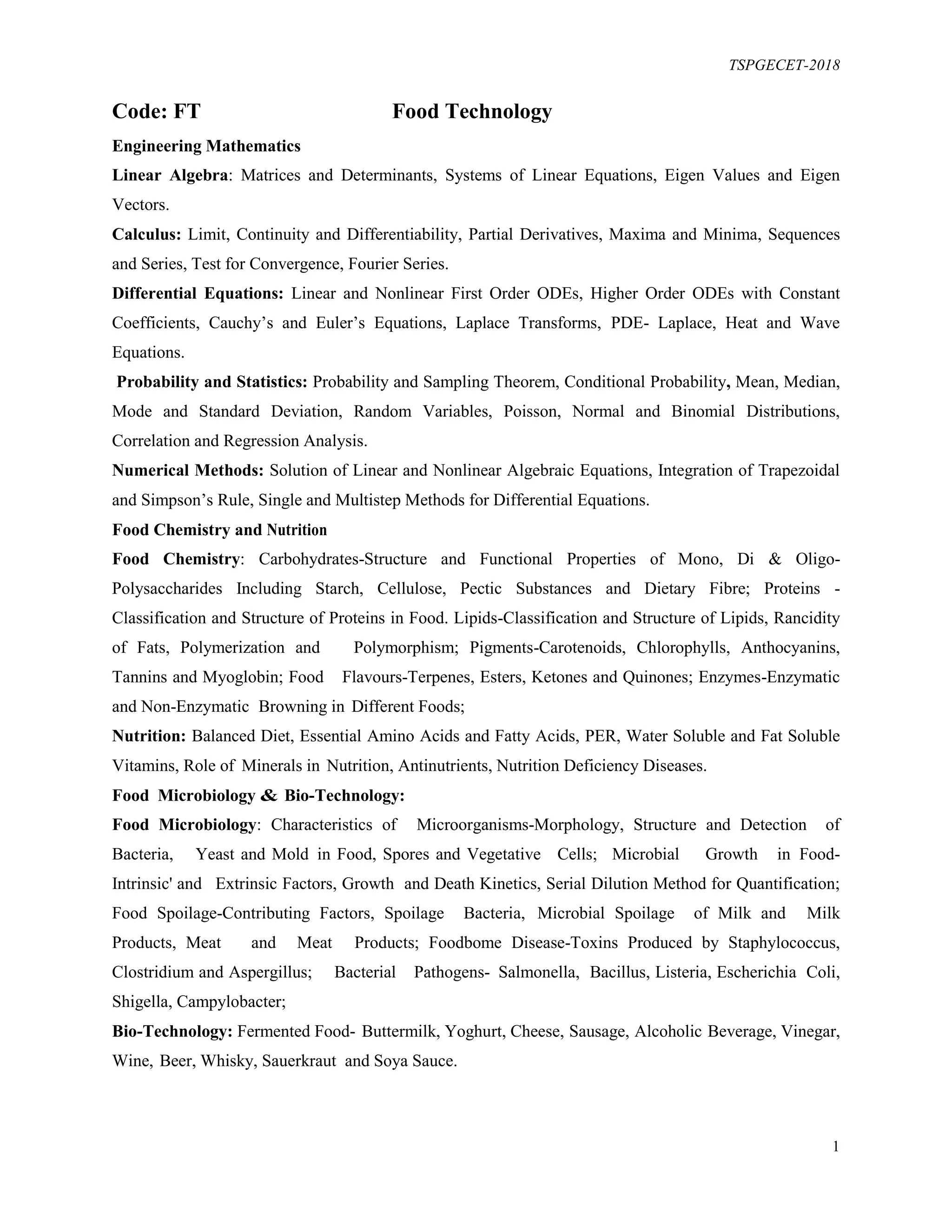 TS PGECET Food Technology 2018 Syllabus | PDF