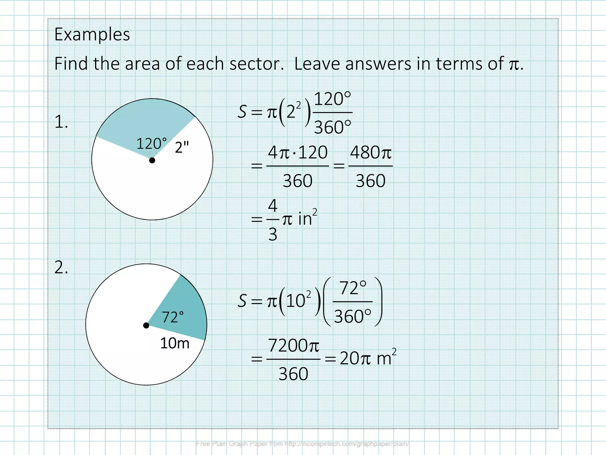 Examples
Find the area of each sector. Leave answers in terms of π.
1.
2.
•
120° 2"2"2"2"
• 72°
10m10m10m10m
( )2
2
120
2
360
4 120 480
360 360
4
in
3
S
°
= π
°
π⋅ π
= =
= π
( )2
2
72
10
360
7200
20 m
360
S
° 
= π  
° 
π
= = π
 