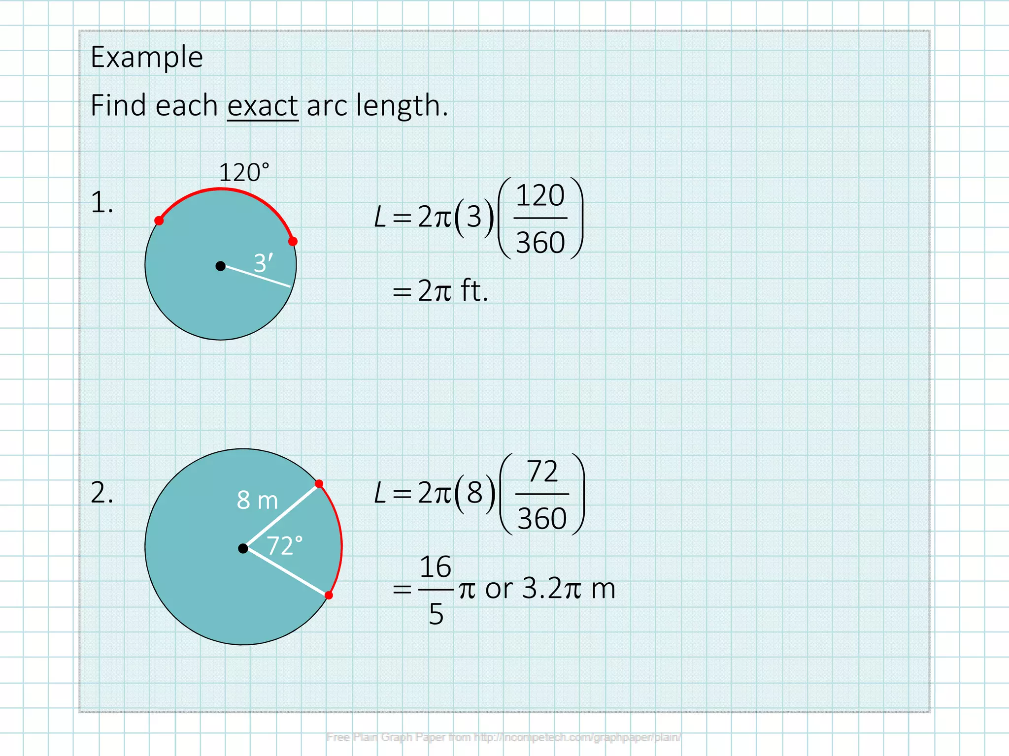 Example
Find each exact arc length.
1.
2.
120°
• 3333′′′′
( )
120
2 3
360
2 ft.
L
 
= π  
 
= π
( )
72
2 8
360
16
or 3.2 m
5
L
 
= π  
 
= π π
72727272°°°°
8 m8 m8 m8 m
•
 