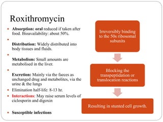 Roxithromycin
 Absorption: oral reduced if taken after
food. Bioavailability: about 50%.

Distribution: Widely distributed into
body tissues and fluids.

Metabolism: Small amounts are
metabolised in the liver.

Excretion: Mainly via the faeces as
unchanged drug and metabolites, via the
urine & the lungs
 Elimination half-life: 8-13 hr.
 Interactions: May raise serum levels of
ciclosporin and digoxin
 Susceptible infections
Irreversibly binding
to the 50s ribosomal
subunits
Blocking the
transpeptidation or
translocation reactions
Resulting in stunted cell growth.
 