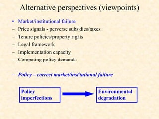 • Market/institutional failure
– Price signals - perverse subsidies/taxes
– Tenure policies/property rights
– Legal framework
– Implementation capacity
– Competing policy demands
– Policy – correct market/institutional failure
Environmental
degradation
Policy
imperfections
Alternative perspectives (viewpoints)
 