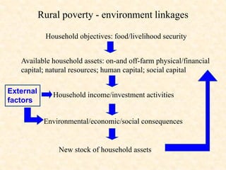 Rural poverty - environment linkages
Household objectives: food/livelihood security
Available household assets: on-and off-farm physical/financial
capital; natural resources; human capital; social capital
Household income/investment activities
Environmental/economic/social consequences
New stock of household assets
External
factors
 
