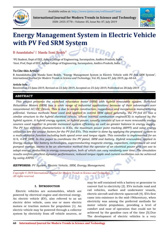 Energy Management System in Electric Vehicle with PV Fed SRM System | PDF