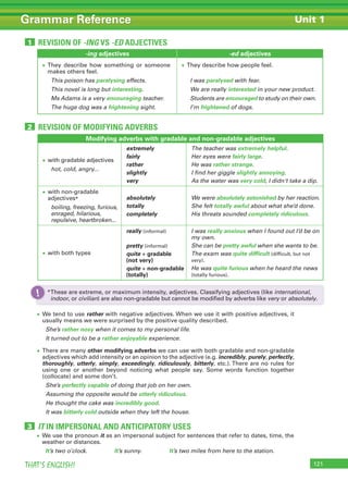 121THAT’S ENGLISH!
Grammar Reference Unit 1
-ing adjectives -ed adjectives
• They describe how something or someone
makes others feel.
This poison has paralysing effects.
This novel is long but interesting.
Ms Adams is a very encouraging teacher.
The huge dog was a frightening sight.
• They describe how people feel.
I was paralysed with fear.
We are really interested in your new product.
Students are encouraged to study on their own.
I’m frightened of dogs.
REVISION OF -ING VS -ED ADJECTIVES1
REVISION OF MODIFYING ADVERBS2
• We tend to use rather with negative adjectives. When we use it with positive adjectives, it
usually means we were surprised by the positive quality described.
She’s rather nosy when it comes to my personal life.
It turned out to be a rather enjoyable experience.
• There are many other modifying adverbs we can use with both gradable and non-gradable
adjectives which add intensity or an opinion to the adjective (e.g. incredibly, purely, perfectly,
thoroughly, utterly, simply, exceedingly, ridiculously, bitterly, etc.). There are no rules for
using one or another beyond noticing what people say. Some words function together
(collocate) and some don’t.
She’s perfectly capable of doing that job on her own.
Assuming the opposite would be utterly ridiculous.
He thought the cake was incredibly good.
It was bitterly cold outside when they left the house.
Modifying adverbs with gradable and non-gradable adjectives
• with gradable adjectives
hot, cold, angry...
extremely
fairly
rather
slightly
very
The teacher was extremely helpful.
Her eyes were fairly large.
He was rather strange.
I find her giggle slightly annoying.
As the water was very cold, I didn't take a dip.
• with non-gradable
adjectives*
boiling, freezing, furious,
enraged, hilarious,
repulsive, heartbroken...
absolutely
totally
completely
We were absolutely astonished by her reaction.
She felt totally awful about what she’d done.
His threats sounded completely ridiculous.
• with both types
really (informal)
pretty (informal)
quite + gradable
(not very)
quite + non-gradable
(totally)
I was really anxious when I found out I’d be on
my own.
She can be pretty awful when she wants to be.
The exam was quite difficult (difficult, but not
very).
He was quite furious when he heard the news
(totally furious).
IT IN IMPERSONAL AND ANTICIPATORY USES3
• We use the pronoun it as an impersonal subject for sentences that refer to dates, time, the
weather or distances.
It’s two o’clock. It’s sunny. It’s two miles from here to the station.
*These are extreme, or maximum intensity, adjectives. Classifying adjectives (like international,
indoor, or civilian) are also non-gradable but cannot be modified by adverbs like very or absolutely.
*These are extreme, or maximum intensity, adjectives. Classifying adjectives (like!
 