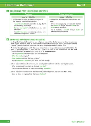 THAT’S ENGLISH!124
Grammar Reference Unit 2
SHOWING IMPATIENCE AND INSULTING5
• In English, it is quite frequent to use religious words like God or Jesus to show impatience
and anger. However, this is considered disrespectful language and it can easily offend
people.Therefore, people often use the word goodness to avoid saying God.
A similar thing happens with the word hell, which is frequent in expressions like What the
hell…?, Where the hell…?, Who the hell…?, etc. It is safer to use alternatives like the heck
(very colloquial), on earth (more neutral) or in heaven’s name.
Oh my goodness! Look at you!You look so pretty!
Who the heck are you?
How on earth did the dog get in here?
What in heaven’s name do you think you are doing?
• When we want to insult someone, we usually address them with the word you + noun.
Why on earth did you have to do that, you fool?
Of course they wanted to keep your money, you idiot!
• When we don’t want to insult the listener but a third person, we can use the + noun.
Look at John trying to climb that tree, the fool!
Routines Typical behaviour
used to + infinitive
• To describe routines that have changed in
the present, past habits or states.
I used to smoke ten cigarettes a day, but I
quit smoking years ago.
Did she use to play volleyball when she was
a student?
He didn’t use to be very strong, but now he’s
started training and it shows!
would + infinitive
• To describe characteristic behaviour in the
past.
When he was young, he was very foolish.
He would do drugs, and he’d drink and
drive every weekend.
As a student, I would always study for
exams the night before.
DESCRIBING PAST HABITS AND ROUTINES4
 