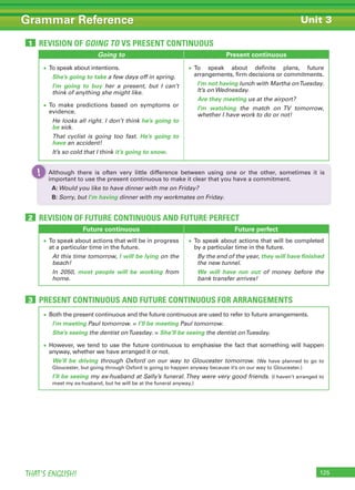 125THAT’S ENGLISH!
Grammar Reference Unit 3
REVISION OF GOING TO VS PRESENT CONTINUOUS1
REVISION OF FUTURE CONTINUOUS AND FUTURE PERFECT2
PRESENT CONTINUOUS AND FUTURE CONTINUOUS FOR ARRANGEMENTS3
Going to Present continuous
• To speak about intentions.
She’s going to take a few days off in spring.
I’m going to buy her a present, but I can’t
think of anything she might like.
• To make predictions based on symptoms or
evidence.
He looks all right. I don’t think he’s going to
be sick.
That cyclist is going too fast. He’s going to
have an accident!
It’s so cold that I think it’s going to snow.
• To speak about definite plans, future
arrangements, firm decisions or commitments.
I’m not having lunch with Martha onTuesday.
It’s on Wednesday.
Are they meeting us at the airport?
I’m watching the match on TV tomorrow,
whether I have work to do or not!
Future continuous Future perfect
• To speak about actions that will be in progress
at a particular time in the future.
At this time tomorrow, I will be lying on the
beach!
In 2050, most people will be working from
home.
• To speak about actions that will be completed
by a particular time in the future.
By the end of the year, they will have finished
the new tunnel.
We will have run out of money before the
bank transfer arrives!
• Both the present continuous and the future continuous are used to refer to future arrangements.
I’m meeting Paul tomorrow. = I’ll be meeting Paul tomorrow.
She’s seeing the dentist onTuesday. = She’ll be seeing the dentist onTuesday.
• However, we tend to use the future continuous to emphasise the fact that something will happen
anyway, whether we have arranged it or not.
We’ll be driving through Oxford on our way to Gloucester tomorrow. (We have planned to go to
Gloucester, but going through Oxford is going to happen anyway because it’s on our way to Gloucester.)
I’ll be seeing my ex-husband at Sally’s funeral. They were very good friends. (I haven’t arranged to
meet my ex-husband, but he will be at the funeral anyway.)
Although there is often very little difference between using one or the other, sometimes it is
important to use the present continuous to make it clear that you have a commitment:
A: Would you like to have dinner with me on Friday?
B: Sorry, but I am having dinner with my workmates on Friday.
Although there is often very little difference between using one or the other, sometimes it is
important to use the present continuous to make it clear that you have a commitment.
A: Would you like to have dinner with me on Friday?
B: Sorry, but I’m having dinner with my workmates on Friday.
Although there is often very little difference between using one or the other, sometimes it isAlthough there is often very little difference between using one or the other, sometimes it is!
 
