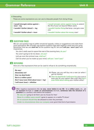 133THAT’S ENGLISH!
Grammar Reference
REFUSING3
QUESTION TAGS2
We can use question tags to soften emotional appeals, orders or suggestions and make them
more persuasive. We normally use positive question tags with negative verbs and vice versa.
Remember that we use shall we? as the question tag for let’s and will you / won’t you? with
imperatives.
You don’t really want to spend the rest of the evening here, do you?
You aren’t going to let me down, are you?
Let’s go over the contract now, shall we?
Call me when you’ve made up your mind, will you / won’t you?
Here are a few expressions that can be used to refuse to do something emphatically.
Unit 6
B Dissuading
These are some expressions you can use to dissuade people from doing things.
No way!
Absolutely not!
Over my dead body!
Not in a million years!
Don’t (you) even think about noun / -ing!
I will never (ever) + infinitive
A: Please, say you will buy me a new car when I
get my licence!
B: Over my dead body! I will never buy you a car or
even pay for your petrol! Get a job! And don’t
even think about asking your mother either!
I would (strongly) advise against +
noun / -ing
I wouldn’t bother (about) + -ing
I wouldn’t bother about + noun
I would strongly advise against trying to extend
the life of your car beyond fifteen years.
I wouldn’t bother fixing that lamp. Just get a new
one.
I wouldn’t bother about the money now!
After negative expressions like no way, never before in my life / in a million years, etc., on
no account (formal) or under no circumstances (formal), sentences take the structure of a
question (i.e. auxiliary verb before the subject).
No way am I going to let them use my house for free!
Never in a million years would I agree to appear on a realityTV show!
On no account should they be allowed to enter the premises.
Under no circumstances does our company ever grant that kind of permission.
After negative expressions like!
 