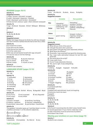 167THAT’S ENGLISH!
READING (pages 10-11)
Activity 1a
Suggested answers:
1 angry / furious / infuriated / enraged
2 upset / distressed / desperate / hopeless
3 sad / depressed / grief-stricken / devastated
4 (ﬁrst) worried / anxious / upset – (then) relieved / overjoyed
Activity 1b
1 rage 2 relieved 3 ecstatic 4 Grief 5 Despair 6 Distress
Activity 2
2
Activity 3
1b, 2b, 3a, 4b, 5b, 6c
Activity 4
Suggested answer:
Maybe he’s happy because he thinks his wife has changed,
but I don’t think he realises that she had turned into a robot.
Activity 5a
2 It moved her to tears.
3 You give me the creeps.
4 She poured her heart out.
5 It hit her really hard.
6 She was almost beside herself with rage and grief.
7 It was too easy to hurt her feelings.
Activity 5b
2 hurt, feelings 5 poured, heart out
3 go to pieces 6 hit, hard
4 gives, creeps 7 moved, to tears
Activity 6
Student’s own answers.
LANGUAGE STUDY (pages 12-13)
Activity 1a
-ed, -ing
Activity 1b
1 exhausted 7 depressing
2 tiring 8 exhilarated
3 boring 9 disenchanted
4 thrilling 10 stimulated
5 interesting 11 inspired
6 motivated
Activity 2a
1 angry 2 surprised 3 afraid 4 funny 5 disgusted 6 sad
Activity 2b
2 very funny 4 very surprised 6 very disgusted
3 very angry 5 very afraid
Activity 2c
1 furious / enraged 4 terrifying / horrifying
2 hideous / repulsive 5 hilarious / sidesplitting
3 astonished / astounded 6 grief-stricken / heartbroken
Activity 3a
The speakers’ intonation goes up ➚ and then down ➘ on the
modiﬁers and down ➘ on the extreme adjectives.
➚ ➘
absolutely terrifying!
➚ ➚ ➘
utterly and completely repulsive!
Activity 4a
1 absolutely 2 completely 3 a little bit 4 very
Activity 4b
1 very 2 a little bit 3 utterly 4 very 5 slightly
Activity 5a
Suggested answers:
Gradable Non-gradable
Plot interesting /
original / exciting /
entertaining / sad
/ nice / funny
fascinating /
excellent / thrilling /
gripping / moving /
uplifting / sidesplitting /
hilarious
Script
Actors
good / boring
fantastic / brilliant /
inspiring / amazing /
tedious / superb
Director
Activity 5b
Suggested answer:
A: What did you think of the actors?
B: I thought the actors did a great job.
A: Only great? I thought they were absolutely brilliant.
B: What about the director?
A: Personally, I was surprised how good the directing was.
B: Yes, I was really astonished because his last ﬁlm was
quiet bad.
A: And what about the script?
B: It was really funny.
A: Funny? It was absolutely hilarious.
B: Yes, you’re right. It was sidesplitting.
Activity 6a
1 sobbing 2 giggle 3 gasped 4 chuckle
Activity 6b
1 moving 8 giggled
2 moved 9 burst
3 touching 10 sob
4 touched / touches 11 gasp
5 chuckle 12 gasped
6 burst 13 overcome
7 Giggle / Giggling 14 paralysed
Activity 6c
1 paralysed with fear
2 chuckled
3 gasped with astonishment, burst out laughing
4 overcome, burst into tears
5 giggled
6 touched
Activity 7a
1a, 2a, 3c, 4c, 5b
Activity 7b
1b, 2a, 3e, 4d, 5c
Activity 8
2 He found it surprising that she didn’t enjoy herself more.
3 I would appreciate it if you tried to make less noise.
4 I take it that there must be some kind of problem.
5 He doesn’t like it here.
Wearing your emotions on your sleeve (page 14)
Activity 1
Student’s own answers.
 