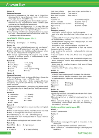 Answer Key
THAT’S ENGLISH!170
Activity 6
Suggested answers:
2 Among my possessions, the object that is closest to a
status symbol is my car because it cost a lot of money
and people look at me as I drive by.
3 I do consider myself a physically demonstrative person. I
often kiss and hug my girlfriend in public. I think it’s great
to show people how you feel about them.
4 When people are self-deprecating, I try to make them see
their good qualities and I try to boost their self-esteem by
telling them how good and important they are.
5 In our society, I think there is a stigma attached to people
who have a mental illness. People still stare at others and
it is awkward and embarrassing.
LANGUAGE STUDY (pages 22-23)
Activity 1a
1 shopping 2 eating out 3 travelling
Activity 1b
1 She’ll often make a list before she goes out, but she won’t
always follow it. She’s constantly looking for bargains.
2 Robert will always visit the kitchens of a restaurant before
he eats out. He’s constantly trying new places.
3 He’s always experimenting with ways to carry as little
luggage as possible. He’ll try to ﬁnd somewhere to eat
before he gets on the plane.
Activity 1c
1 ’ll, make 6 ’m, trying
2 won’t, follow 7 ’ll, get
3 ’m, looking 8 ’ll, have
4 ’ll, visit 9 ’m, experimenting
5 ’ll, put 10 ’ll try
Activity 2
Suggested answers:
When I’m meeting friends for dinner, I’ll always choose the
restaurant.That way, I know I will like the food.
I’ll always make a list before I do the shopping. I’ll almost
always buy only what is on the list, and that way I don’t
spend too much.
I’ll always book a hotel with a swimming pool when I travel.
I’m constantly trying to stay ﬁt and the pool is a great way
to do so.
Activity 3
2 ’ll never help 7 ‘s, making
3 ’s, moaning 8 ‘s, talking
4 ’ll spend 9 ’ll buy
5 ’ll get 10 ‘ll make
6 won’t speak
Activity 4
2 I carried on believing that we would soon be moving back
to LA.
3 When he told me about staying in London, I cried and cried.
4 I kept on hoping that our marriage would work.
5 I went on trying to ﬁnd a job. I refused to give up.
6 I tried to earn more money so she’d be happy: I worked
and worked.
7 He is always coming home late from the ofﬁce.
Activity 5a
1 don’t ﬁnd 2 are 3 -ing or a noun
Activity 5b
1 ‘m used to 5 ’m used to feeling
2 get used to being 6 am used to / am getting used to
3 was used to being 7 get used to
4 get used to driving 8 get used to
Activity 6
1 used to live 5 would never speak
2 didn’t use to be 6 used to want to
3 would make / used to make 7 would sing
4 got used to 8 used to wonder
Activity 7a
Suggested answers:
I used to play football with my friends every day.
I used to be quite short, but now I’m the tallest one in my
class.
I used to watchTV every morning before I went to school. I
just loved watching cartoons.
I didn’t use to be outgoing when I was younger, but now
I’m the life and soul of the party.
I didn’t use to have long hair because it bothered me.
I didn’t use to be very responsible. In fact, my mother
always complained about it.
I’d get up late at the weekend. I really needed to catch up
on my sleep.
I’d buy my clothes at the sales. There were always good
bargains.
I’d play with our dog in the park. He loved fetching the ball.
I would never play football with the boys at recess. They
always cheated.
I would never get up when the alarm clock went off. I was
always too sleepy.
I wouldn’t watchTV after school. It bored me.
Activity 7b
Suggested answers:
I’m getting used to having lunch at three in the afternoon.
I’m used to going to the gym to work out three times a week.
I’m gradually getting used to the humidity in this city.
Activity 8a
1 adapt to 4 talking up
2 put, down 5 cope with
3 ﬁt in
Activity 8b
Suggested answers:
2 I often ﬁnd it difﬁcult to cope with people who don’t listen.
They really get on my nerves.
3 Something I’ve had to adapt to is eating so late in the
evening.
4 When someone brings up the topic of politics, in
conversation, I try to change the subject. It’s something I
try to avoid it at all cost.
Modern working habits (page 24)
Activity 1
Student’s own answers.
Activity 2
1 ✔
2 ✔
3 ✔
4 ✗ Salesforce encourages the spirit of innovation in its
employees.
5 ✗ She says it’s important to separate out the two.
6 ✗ He says trust is a fundamental thing in creating a great
workplace.
 