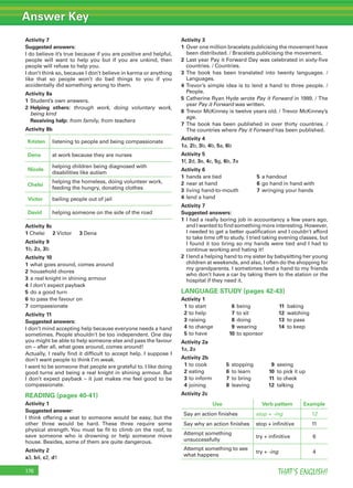 Answer Key
THAT’S ENGLISH!176
Activity 7
Suggested answers:
I do believe it’s true because if you are positive and helpful,
people will want to help you but if you are unkind, then
people will refuse to help you.
I don’t think so, because I don’t believe in karma or anything
like that so people won’t do bad things to you if you
accidentally did something wrong to them.
Activity 8a
1 Student’s own answers.
2 Helping others: through work, doing voluntary work,
being kind
Receiving help: from family, from teachers
Activity 8b
Kristen listening to people and being compassionate
Dena at work because they are nurses
Nicole
helping children being diagnosed with
disabilities like autism
Chelsi
helping the homeless, doing volunteer work,
feeding the hungry, donating clothes
Victor bailing people out of jail
David helping someone on the side of the road
Activity 8c
1 Chelsi 2 Victor 3 Dena
Activity 9
1b, 2a, 3b
Activity 10
1 what goes around, comes around
2 household chores
3 a real knight in shining armour
4 I don’t expect payback
5 do a good turn
6 to pass the favour on
7 compassionate
Activity 11
Suggested answers:
I don’t mind accepting help because everyone needs a hand
sometimes. People shouldn’t be too independent. One day
you might be able to help someone else and pass the favour
on – after all, what goes around, comes around!
Actually, I really ﬁnd it difﬁcult to accept help. I suppose I
don’t want people to think I’m weak.
I want to be someone that people are grateful to. I like doing
good turns and being a real knight in shining armour. But
I don’t expect payback – it just makes me feel good to be
compassionate.
READING (pages 40-41)
Activity 1
Suggested answer:
I think offering a seat to someone would be easy, but the
other three would be hard. These three require some
physical strength. You must be ﬁt to climb on the roof, to
save someone who is drowning or help someone move
house. Besides, some of them are quite dangerous.
Activity 2
a3, b4, c2, d1
Activity 3
1 Over one million bracelets publicising the movement have
been distributed. / Bracelets publicising the movement.
2 Last year Pay it Forward Day was celebrated in sixty-ﬁve
countries. / Countries.
3 The book has been translated into twenty languages. /
Languages.
4 Trevor’s simple idea is to lend a hand to three people. /
People.
5 Catherine Ryan Hyde wrote Pay it Forward in 1999. / The
year Pay it Forward was written.
6 Trevor McKinney is twelve years old. / Trevor McKinney’s
age.
7 The book has been published in over thirty countries. /
The countries where Pay it Forward has been published.
Activity 4
1a, 2b, 3b, 4b, 5a, 6b
Activity 5
1f, 2d, 3e, 4c, 5g, 6b, 7a
Activity 6
1 hands are tied 5 a handout
2 near at hand 6 go hand in hand with
3 living hand-to-mouth 7 wringing your hands
4 lend a hand
Activity 7
Suggested answers:
1 I had a really boring job in accountancy a few years ago,
and I wanted to ﬁnd something more interesting. However,
I needed to get a better qualiﬁcation and I couldn’t afford
to take time off to study. I tried taking evening classes, but
I found it too tiring so my hands were tied and I had to
continue working and hating it!
2 I lend a helping hand to my sister by babysitting her young
children at weekends, and also, I often do the shopping for
my grandparents. I sometimes lend a hand to my friends
who don’t have a car by taking them to the station or the
hospital if they need it.
LANGUAGE STUDY (pages 42-43)
Activity 1
1 to start 6 being 11 baking
2 to help 7 to sit 12 watching
3 raising 8 doing 13 to pass
4 to change 9 wearing 14 to keep
5 to have 10 to sponsor
Activity 2a
1a, 2a
Activity 2b
1 to cook 5 stopping 9 seeing
2 eating 6 to learn 10 to pick it up
3 to inform 7 to bring 11 to check
4 joining 8 leaving 12 talking
Activity 2c
Use Verb pattern Example
Say an action ﬁnishes stop + -ing 12
Say why an action ﬁnishes stop + inﬁnitive 11
Attempt something
unsuccessfully
try + inﬁnitive 6
Attempt something to see
what happens
try + -ing 4
 