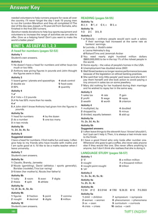 Answer Key
THAT’S ENGLISH!180
needed volunteers to help runners prepare for races all over
the country. I’ll never forget the day I took 15 young men
to run the London Marathon and they all completed it!The
star of the day was Joseph, a 19-year-old from Somalia, who
ﬁnished in the ﬁrst 200 runners.
Sandrun needs donations to help buy sports equipment and
volunteers to increase the range of activities we are able to
offer. Give us a helping hand! Don’t you want to make the
world a better place?
UNIT 5. AS EASY AS 1, 2, 3
A head for numbers (pages 52-53)
Activity 1
Student’s own answers.
Activity 2
1 He doesn’t have a head for numbers and either buys too
much or too little.
2 Anthony was giving ﬁgures in pounds and John thought
the ﬁgures were in kilos.
Activity 3
1 board game / planets and spaceships 4 stock control
2 double six 5 food costs
3 60% 6 quantity
Activity 4
1 ✔
2 ✗ 1 kilo = 2.2 pounds
3 ✗ He has 50% more than he needs.
4 ✔
5 ✗ John didn’t know Anthony had given him the ﬁgures in
pounds.
Activity 5a
1 head for numbers 4 by the dozen
2 do a number 5 one too many
3 in two minds
Activity 5b
1c, 2d, 3e, 4b, 5a
Activity 6
Suggested answer:
I have a head for numbers. I ﬁnd maths fun and easy. I often
give help to my friends who have trouble with maths and
I am quite good at it. I’d like to be a maths teacher when I
leave university.
Activity 7
Student’s own answers.
Activity 8a
1 Claudio, Brandy, Jameeka
2 Nicole (gambling), David (athletics / sports generally),
Borislav (roulette),Tina (car racing)
3 Kristen (her mother’s), Nicole (her father’s)
Activity 8b
1 lucky 3 room 5 even 7 digits
2 thesis 4 split 6 athlete
Activity 9a
1d, 2f, 3e, 4c, 5b, 6a
Activity 9b
1 ﬁgures 3 fraction 5 point 7 comma
2 nought 4 decimal 6 digits 8 million
Activity 10
Student’s own answers.
READING (pages 54-55)
Activity 1a
A 2, b B 1, d C 4, c D 3, a
Activity 1b
1 D 2 C 3 A, B
Activity 2
1 a Nobody – ordinary people would earn such a salary
if their earnings had increased at the same rate as
bankers’ earnings.
b Lucinda, J. Dodd’s sister
c Leona Helmsley’s dog
d RichardTims and Jeremiah Archer
2 You need nearly eight hundred million dollars
($800,000,000) to be in the top 1% of the richest people in
the world.
3 Home equity – the value of people’s homes in the USA.
4 Unemployment has doubled since 2007.
5 WallStreetbankersnolongerreceiveperformancebonuses
because of the legislation on ethical banking practices.
6 She said that ‘only little people’ paid taxes (and she didn’t
pay them herself) and she took action to avoid paying a
tiny amount in sales tax on some jewellery.
7 Mary did nothing for her husband during their marriage
and he wished to repay her in the same way.
Activity 3
1 sales tax 4 rate 7 gain
2 proﬁt 5 wage 8 repay
3 wealth 6 worth 9 criterion
Activity 4
1 multiplied, by 4 doubled
2 dropped by 5 minus
3 divided, equally between 6 add up
Activity 5a
1b, 2e, 3d, 4a, 5c
Activity 5b
Suggested answers:
2 I often leave things to the eleventh hour. I know I shouldn’t,
but I just can’t help it.Then, it is always a last minute race
to the ﬁnish.
3 I have a good friend who only looks after number one.
Whenever she goes to get a coffee, she never asks anyone
else if they would like one. She never offers anything to
anyone, but I don’t think she realises that she is doing it.
LANGUAGE STUDY (pages 56-57)
Activity 1
2 ‘0’ 6 a million million
3 nought 7 a thousand million
4 nought point nought 8 trillion
5 ‘oh’
Activity 2
1c, 2a, 3a, 4b, 5a, 6c
Activity 4a
1a, 2b, 3c, 4c
Activity 4b
1 2.54 2 12 3 0.9144 4 1760 5 28.35 6 16 7 6.3503
Activity 5a
1 child ➝ children 7 symposium ➝ symposia
2 woman ➝ women 8 phenomenon ➝ phenomena
3 ox ➝ oxen 9 curriculum ➝ curricula
4 crisis ➝ crises 10 cactus ➝ cacti
 