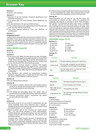 Answer Key
THAT’S ENGLISH!184
Activity 5
Student’s own answers.
Activity 6
1 Because of its rich heritage, historical signiﬁcance and
beautiful architecture.
2 It is named after the city’s founder, Pedro Menéndez de
Avilés.
3 He was looking for the spring of Eternal Hope.
4 They created missions throughout North East Florida, and
even married into the local tribes.
5 The most lasting inﬂuence from the Spanish is
architectural.
Activity 7
Suggested answer:
I would like to persuade the government to spend more on
education. If you have access to education it gives you the
tools to do everything else. Education is necessary for our
children to have a good future and it’s constantly getting
more expensive. Without good education, the country can’t
progress.
SKILLS WORK (page 69)
Activity 1
1b, 2c, 3a
Activity 2
1 InAmerica in the 1960s, the idea about cars was ‘the bigger
the better’. Volkswagen persuaded people to change their
minds about this by focusing on all the advantages of a
small car, for example that it would be more economical
to run and would ﬁt into small parking spaces.
2 An aspiration product means a product that people
associate with something they aspire to be – some kind
of idealized image of themselves.The people who bought
Nike trainers in the 1980s aspired to be self-disciplined, ﬁt
and healthy.
3 The Marlboro ads worked by associating smoking
Marlboro cigarettes with a cooler way of life. They used
the dream of this lifestyle to sell the product.
Activity 3a
They are talking about tobacco.
Activity 3b
1 ✗ The tobacco industry admits that it promotes tobacco
products to adults who already smoke and doesn’t try
to persuade people to start smoking.
2 ✔
3 ✗ The British ad campaigns about the health risks of
smoking have put people off smoking, especially children.
4 ✗ Tobacco companies haven’t sponsored big sports
events in Britain since 2005.
5 ✔
Activity 4a
1 Not watch much TV so not much TV advertising, but ads
online probably have more inﬂuence than I realise –
Google ad words select ads that are geared to what I write
and search about, i. e. my interests.
2 Most powerful ads at the moment are social issues
ads – e.g. ads about refugees in Syria, deforestation,
wildlife protection, giving up smoking, use very powerful
images of nature, the human body, etc. and concern very
emotional issues.
Products that I have bought because of advertising are
probably from online advertising – due to pop-up ads
from Google, particularly targeted towards me, like bike
equipment and books about cycling because I spend time
looking at cycling sites.
3 Children’s toys and games because children are too young
to be manipulated by media. Also products that are bad
for your health like cigarettes, alcohol and fast food.
Activity 4b
Advertisements are all around us, all the time. I’m
surrounded by adverts all day – when I’m watching TV,
browsing the Internet or driving to work. Even though I
don’t think I’m inﬂuenced by them very much, I probably
am. Modern adverts are less direct than in the past: they
don’t just tell you to buy a product because it’s great, they
work by making you associate certain qualities and a certain
lifestyle with a product. I like to think of myself as someone
who is stylish and knows about fashion, but who also cares
about the environment.Therefore, when I’m making choices
about buying something, I usually choose products that go
with that image in a way that’s almost unconscious.
SPEAKING (pages 70-71)
Activity 1a
1 exquisite 6 ultra
2 ruby red 7 affordable
3 super 8 mega
4 stylish 9 bright
5 generous 10 impressive
Activity 1b
Scarf
Features Beneﬁts
bright red It’s eye-catching; people will notice you.
made of silk
It’s very soft, so stylish you can wear it
everywhere and it’s easy to hand wash.
big
You can keep warm in it and use it as a
shawl as well as a scarf.
Phone
Features Beneﬁts
affordable You have enough money to buy it.
stylish It will impress your friends.
540 x 960 screen
resolution
The graphics are clear.
long battery life
You can use it all day without having
to recharge.
Activity 2
1 personalised
2 both the features and beneﬁts
3 descriptive and evocative
4 a call to action
Activity 3a
1 affordable 5 state-of-the-art
2 elegant 6 eye-catching
3 exquisite 7 turn heads
4 stylish 8 can think again
Activity 3b
1 exceptional, outstanding
2 sumptuous, opulent
3 enormous, huge
4 up-to-the minute, innovative
 
