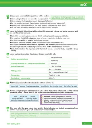 27THAT’S ENGLISH!
UNIT 2
Discuss your answers to the questions with a partner.
1 What eating habits do you consider unacceptable?
2 What are your feelings about public displays of affection?
3 Do you usually complain if you have a problem in a shop or a restaurant?
4 Who do you habitually defer to: e.g. your parents, older people, your boss?
5 Do you have a laid-back attitude to life or are you more uptight?
Listen to Satoshi Mizushima talking about his country’s culture and social customs and
choose the correct answers.
1 Satoshi is comparing Japanese and British culture / experiences and attitudes.
2 He says that the British / Japanese used to have a reputation for being reserved.
3 He describes a kiss / a bow as ‘an intimate gesture’.
4 European societies are less / more individualistic than Japanese society.
5 He says that both the British and the Japanese / the Japanese prefer indirect communication.
6 According to Satoshi, not saying what you think hurts / protects social harmony.
7 Satoshi thinks that the Japanese and the British share a tendency to be eccentric / dress
crazily.
Listen again and complete the phrases Satoshi uses in his talk.
Making generalisations
1… my experience,
2… speaking,
Drawing attention to a funny or surprising fact 3… enough,
Illustrating a point 4… , for example
Adding points
Not 5… , but also
But 6… us not forget (that)
Contrasting This is in 7… to
Concluding / summarizing All in 8…
Add the expressions from the box to the table in activity 5b.
You are going to prepare a talk contrasting the habits of your own culture with another culture
you know about. Choose three of the topics from the box below and make some notes.
Give your talk. Use your notes from activity 6a to help you and include expressions from
activity 5b to structure your talk and contrast your main ideas.
4b
5a
6a
6b
5b
5c
To conclude / sum up To give you an idea Surprisingly On the other hand But in fact / actually
food social life culture
money and work greeting styles
attitudes towards animals and children
14
14
I am going to talk about the differences between Spanish and American culture.
In my experience, most Americans …
social life: families get together to celebrate
important dates like birthdays, anniversaries, etc …
greeting styles: friends always kiss on both
cheeks when they meet, …
I can’t stand it when people slurp or eat with
their mouth open. It’s just such bad manners!
 