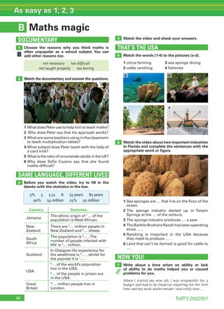 58 THAT’S ENGLISH!
As easy as 1, 2, 3
B
SAME LANGUAGE, DIFFERENT LIVES
DOCUMENTARY
Maths magic
1
2
3
Choose the reasons why you think maths is
often unpopular as a school subject. You can
add other reasons too.
Watch the documentary and answer the questions.
1 What does Peter use to help him to teach maths?
2 Why does Peter say that his approach works?
3 What are some teachers using in the classroom
to teach multiplication tables?
4 What subject does Peter teach with the help of
a card trick?
5 What is the ratio of innumerate adults in the UK?
6 Why does Sofia Cuzano say that she found
maths difficult?
Before you watch the video, try to ﬁll in the
blanks with the statistics in the box.
THAT’S THE USA
5
4
6
Watch the video and check your answers.
Match the words (1-4) to the pictures (a-d).
1 citrus farming 3 sea sponge diving
2 cattle ranching 4 fisheries
Watch the video about two important industries
in Florida and complete the sentences with the
appropriate word or ﬁgure.
1 Sea sponges are … that live on the floor of the
ocean.
2 The sponge industry started up in Tarpon
Springs at the … of the century.
3 The sponge industry produces … a year.
4 The Barthle Brothers Ranch has been operating
since … .
5 Ranching is important in the USA because
they need to produce … .
6 Land that can’t be farmed is good for cattle to
… .
NOW YOU!
7 Write about a time when an ability or lack
of ability to do maths helped you or caused
problems for you.
When I started my new job, I was responsible for a
budget and had to do financial reporting for the first
time and my weak maths meant I was really slow ...
5% 5 5.51 8 55 years 85 years
90% 54 million 25% 50 million
Country Statistics
Jamaica
The ethnic origin of 1
… of the
population is West African.
New
Zealand
There are 2
… million people in
New Zealand and 3
… sheep.
South
Africa
The population is 4
… .The
number of people infected with
HIV is 5
… million.
Scotland
In Glasgow life expectancy for
the wealthiest is 6
… , whilst for
the poorest it is 7
… .
USA
8
… of the world’s population
live in the USA.
9
… of the people in prison are
in the USA.
Great
Britain
10
… million people live in
London.
a c
b d
not necessary too difficult
not taught properly too boring
 