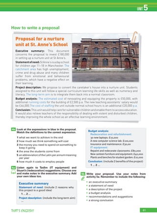 61THAT’S ENGLISH!
UNIT 5
4b
5a
5b
Look at the expressions in blue in the proposal.
Match the deﬁnitions to the correct expression.
1 what we want to achieve in the end
2 how much we think something will cost
3 the money you need to spend on something to
keep it going
4 the area the students come from
5 an abbreviation of the Latin per annum meaning
per year
6 how much it costs to employ people
Listen again to Taslim (IT equipment) and
Stuart’s (redecoration) suggestions. Choose one
and make notes in the executive summary. Add
your own ideas too.
Write your proposal. Use your notes from
activity 5a. Remember to include the following:
• an executive summary
• a statement of need
• a description of the project
• a budget analysis
• recommendations and suggestions
• a strong conclusion
How to write a proposal
Proposal for a nurture
unit at St. Anne’s School
Executive summary: This document
concerns the proposal to invest £180,000
in setting up a nurture unit at St Anne’s.
Statementofneed:StAnne’sisadayschool
for children age 11–18 in Manchester. The
catchment area has high unemployment,
crime and drug abuse and many children
suffer from emotional and behavioural
problems, which have a negative effect on
their learning.
Project description: We propose to convert the caretaker’s house into a nurture unit. Students
assigned to this unit will follow a special curriculum learning life skills as well as numeracy and
literacy. The long-term aim is to integrate them back into a normal classroom.
Budget analysis: The estimated cost of renovating and equipping the property is £50,000, with
additional running costs for the building of £2,500 p.a. The new teaching assistants’ salary would
be £46,000.The cost of staffing the unit outside normal school hours is an additional £20,000 p.a.
Conclusion: This unit would help care for vulnerable children and enable them to access education.
It would also relieve teachers of the responsibility of dealing with violent and disturbed children,
thereby improving the whole school as an effective learning environment.
Executive summary
Statement of need: (include 2 reasons why
this project is a good idea)
1 ... 2 ...
Project description: (include the long-term aim)
...
Budget analysis:
Redecoration and refurbishment:
30 new laptops: £10,000
A new computer science lab: £100,000
Insurance and maintenance: £30,00
IT equipment:
Repaint and redecorate classrooms: £80,000
New canteen furniture and equipment: £40,000
Plantsand benchesfor studentgarden: £10,000
Conclusion: (include 2 benefits of the project)
1 ... 2 ...
48
 
