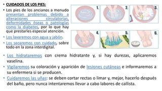 • CUIDADOS DE LOS PIES:
• Los pies de los ancianos a menudo
presentan problemas debido a
alteraciones circulatorias,
deformidades óseas o patologías
como la diabetes, por lo que hay
que prestarles especial atención.
• Los lavaremos con agua y jabón.
• Los secaremos con cuidado, sobre
todo en la zona interdigital.
• Los hidrataremos con crema hidratante y, si hay durezas, aplicaremos
vaselina.
• Vigilaremos su coloración y aparición de lesiones cutáneas e informaremos a
su enfermera si se producen.
• Cuidaremos las uñas: se deben cortar rectas o limar y, mejor, hacerlo después
del baño, pero nunca intentaremos llevar a cabo labores de callista.
 