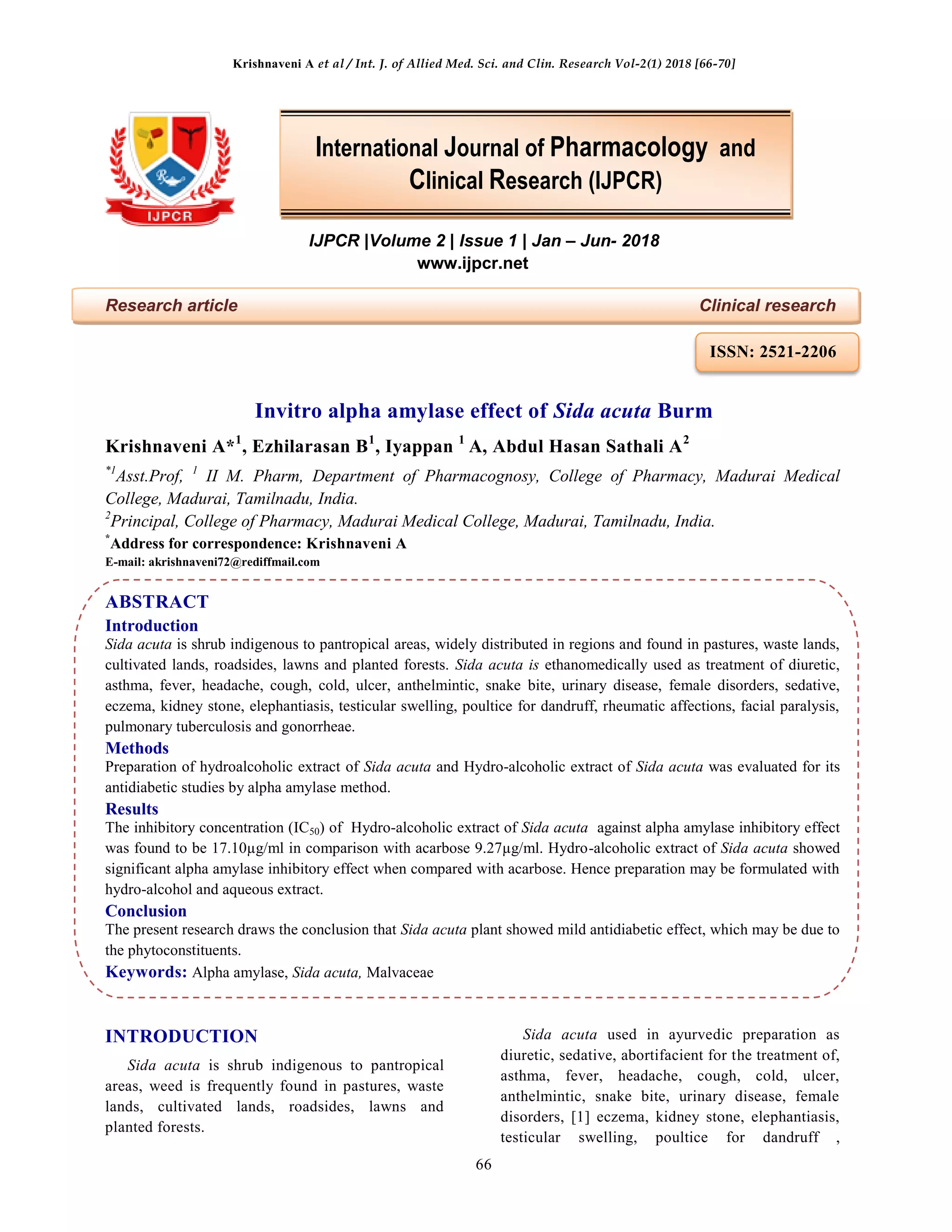 Invitro alpha amylase effect of Sida acuta Burm | PDF
