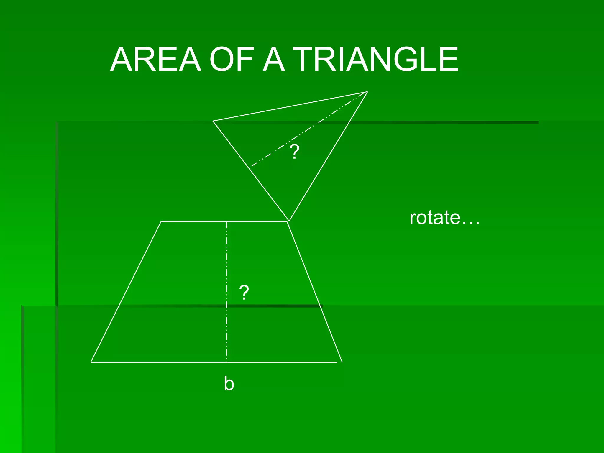 AREA OF A TRIANGLE

             ?


                 rotate…


         ?



     b
 